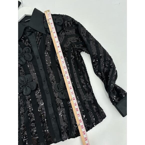 Samuel Dong Blouse Set Womens Small Black Sequins Floral Sheer 2 Piece Buttons - Picture 10 of 16
